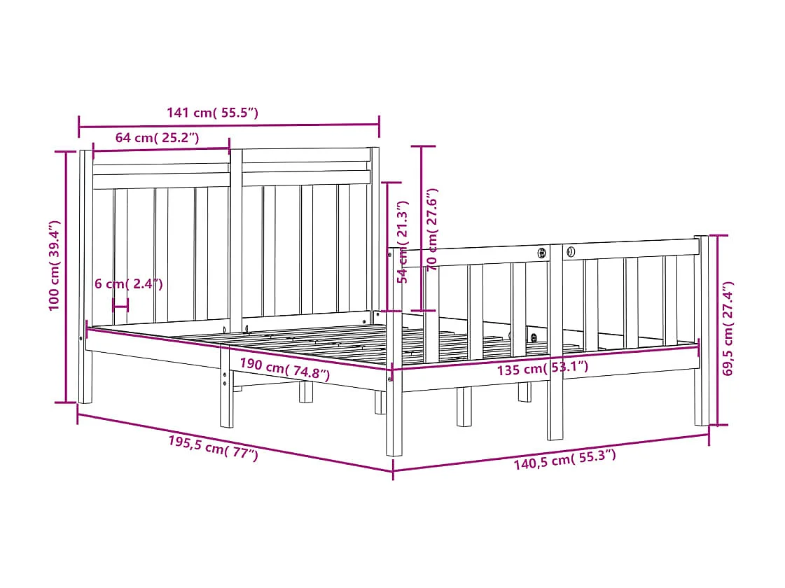Estructura de cama doble madera maciza blanca 135x190 cm