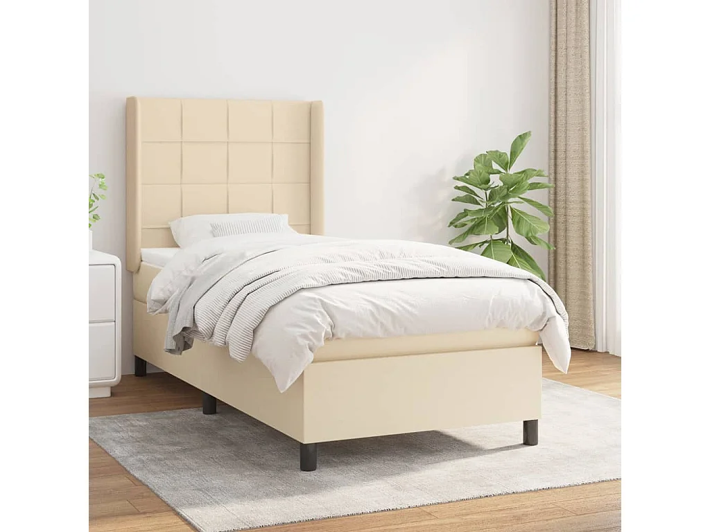 Cama box spring con colchón tela color crema 90x190 cm
