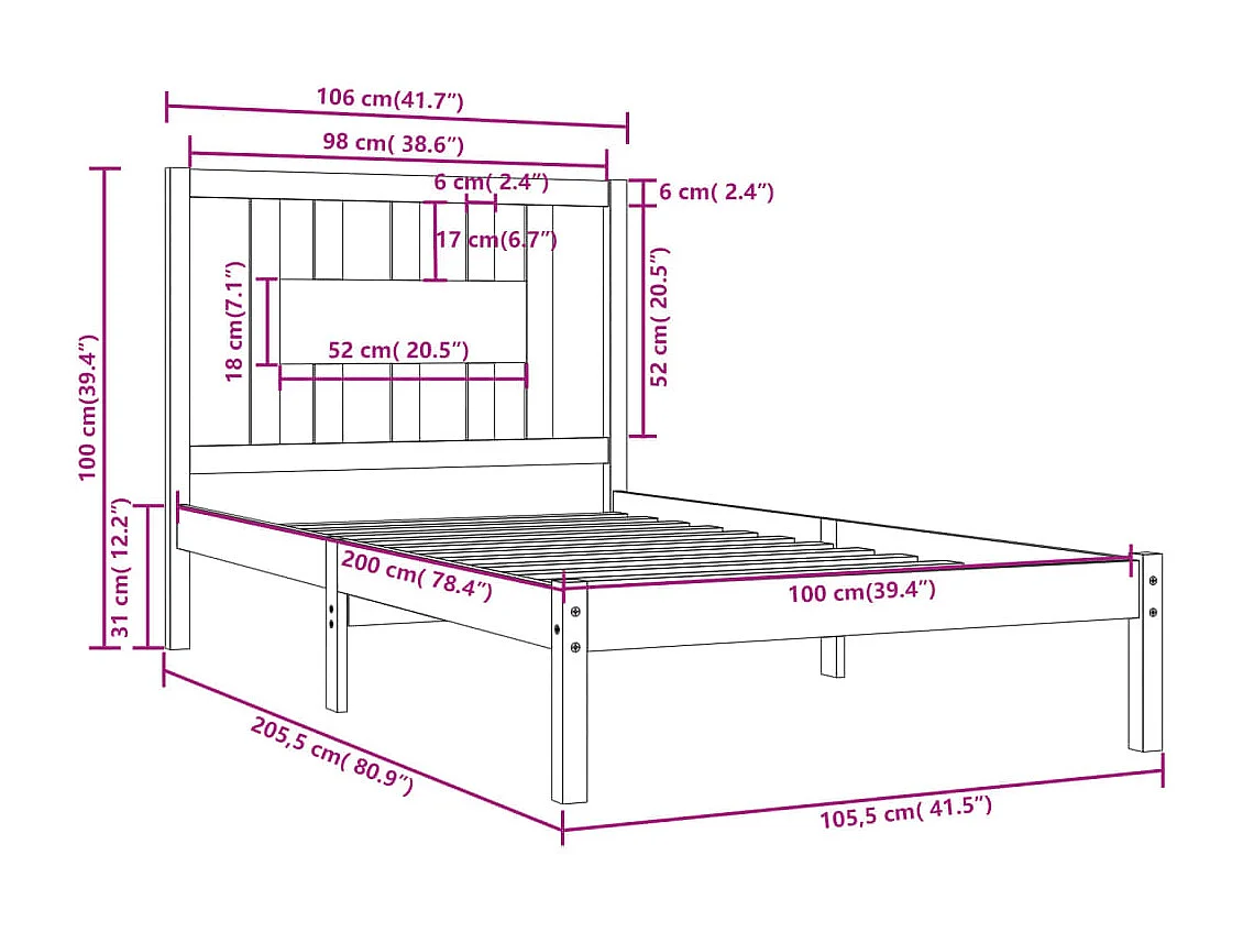 Estructura de cama madera maciza de pino 100x200 cm