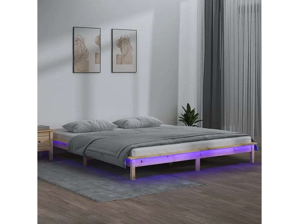 Estrutura de cama c/ LED 140x190 cm madeira maciça