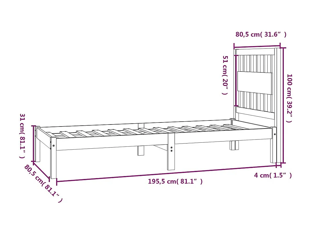 Estructura de cama individual madera maciza de pino 75x190 cm