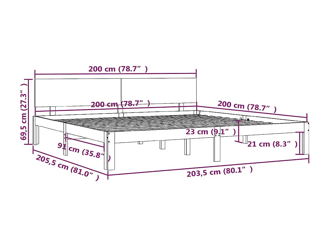 Estrutura de cama 200x200 cm pinho maciço