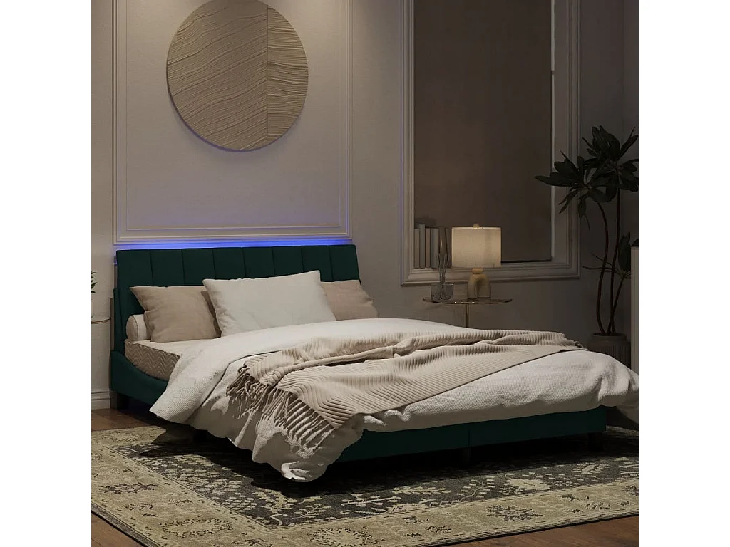 Estructura de cama luces LED terciopelo verde oscuro 140x190 cm