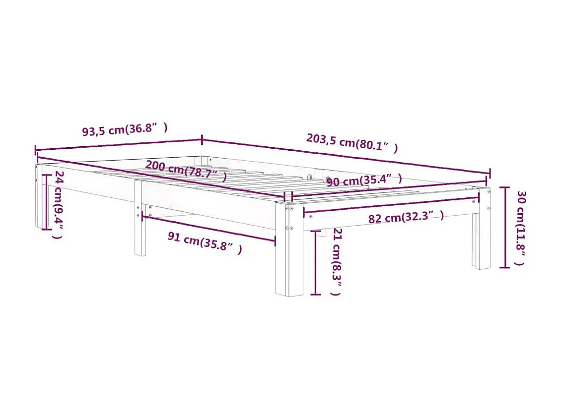 Cadre de lit Blanc Bois de pin massif 90x200 cm
