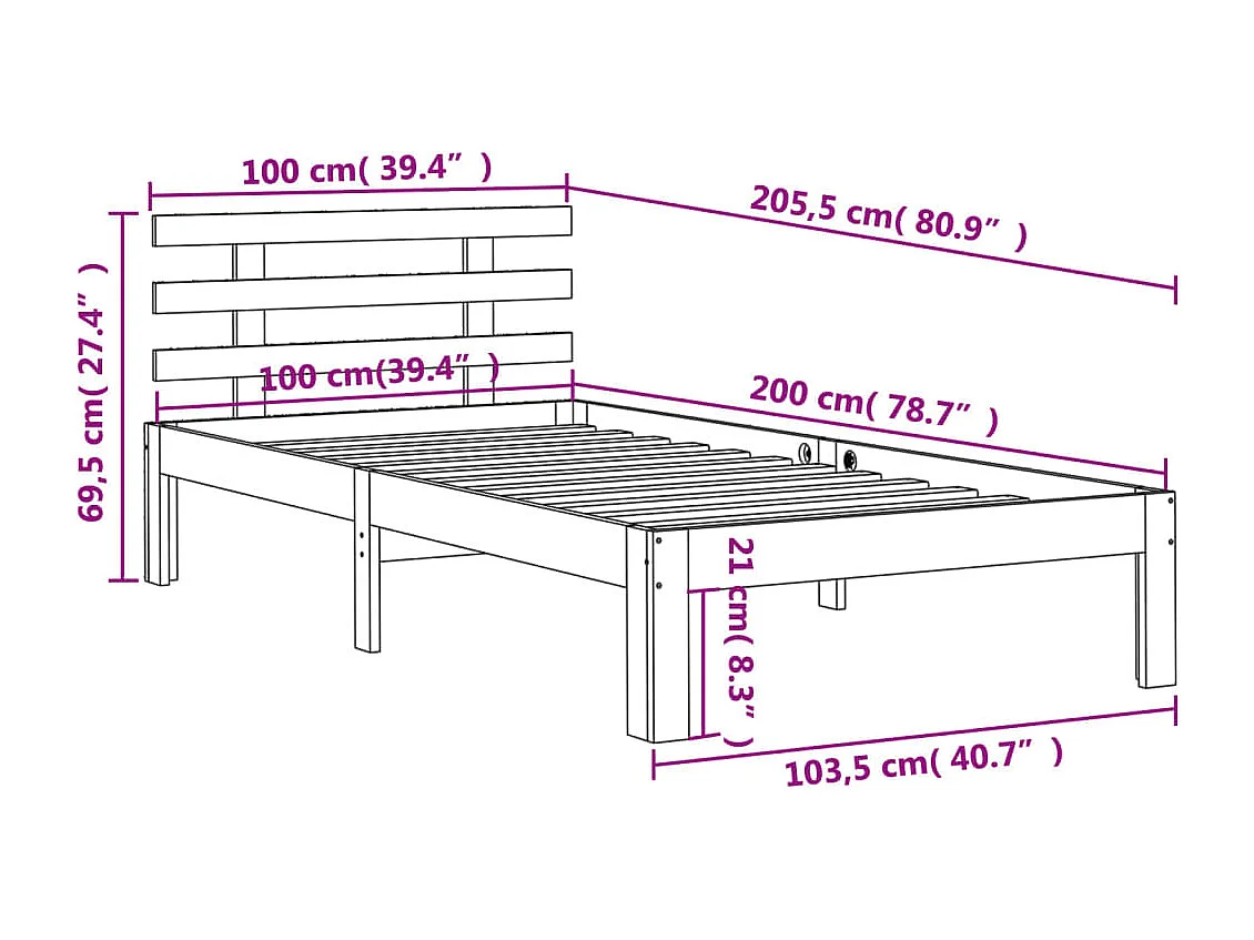 Estrutura cama c/ cabeceira 100x200cm pinho maciço castanho-mel