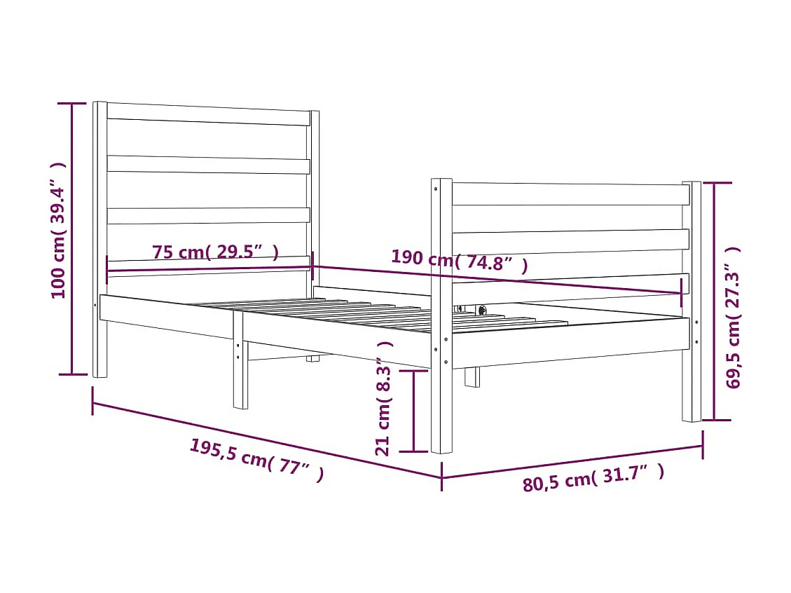 Estructura de cama individual madera maciza blanco 75x190 cm