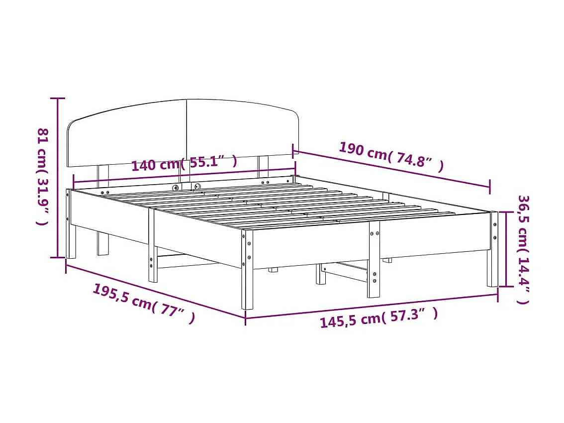 Estrutura cama c/ cabeceira 140x190 cm pinho maciço