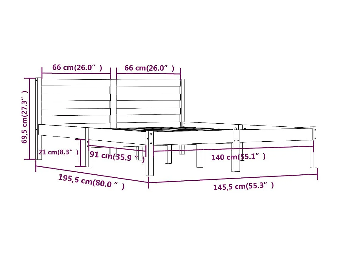 Estructura de cama de madera maciza de pino 140x190 cm