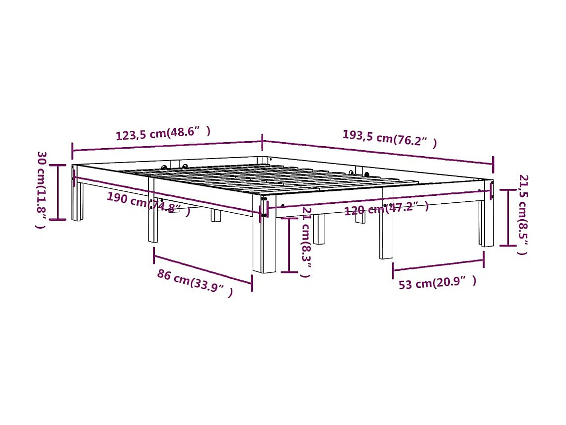 Estrutura de cama pequena casal UK 120x190 cm pinho maciço