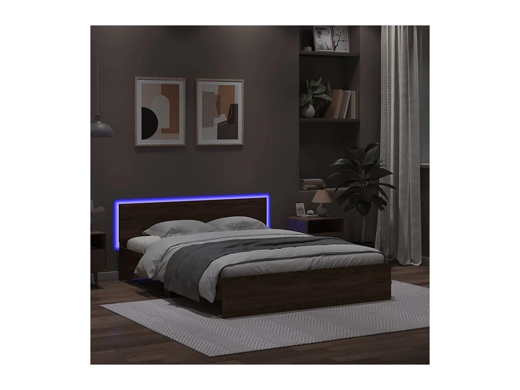 Estrutura cama cabeceira/luzes LED 160x200 cm carvalho castanho