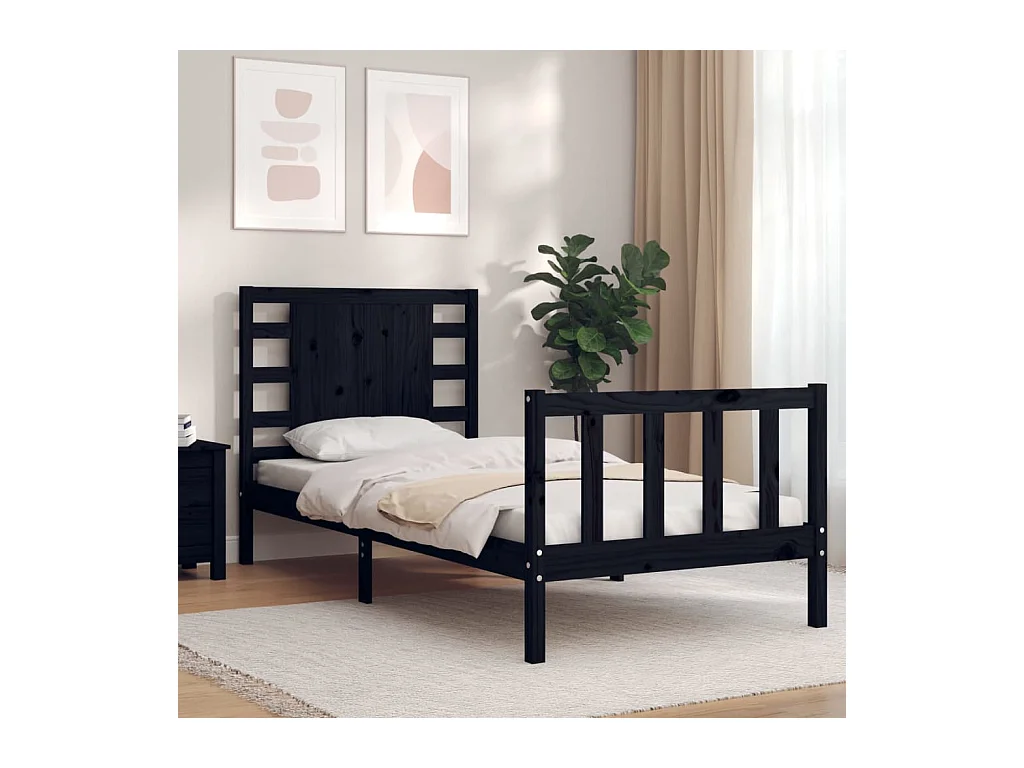 Cadre de lit avec tête de lit noir petit simple bois massif