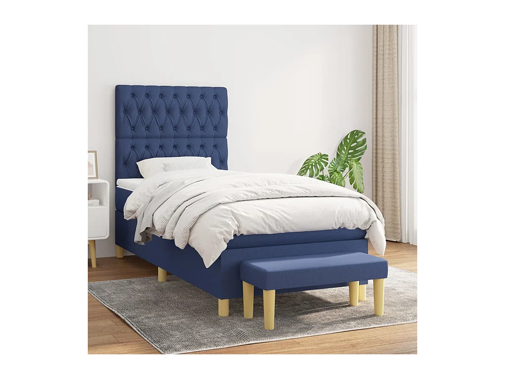 Cama box spring con colchón tela azul 90x190 cm