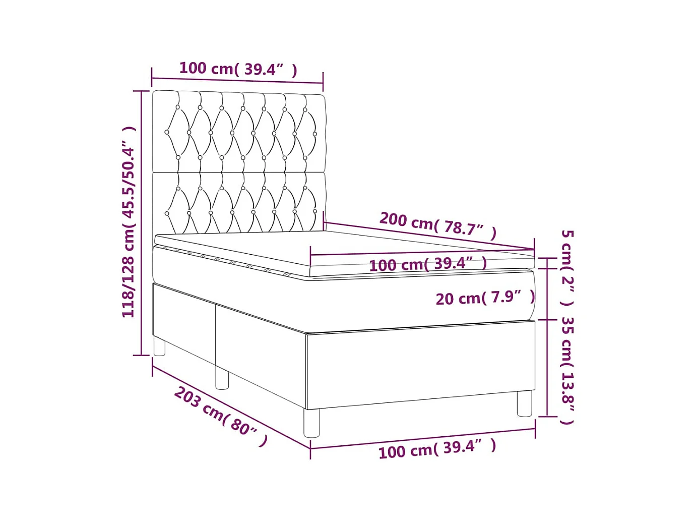 Lit à sommier tapissier avec matelas Gris foncé 100x200 cm