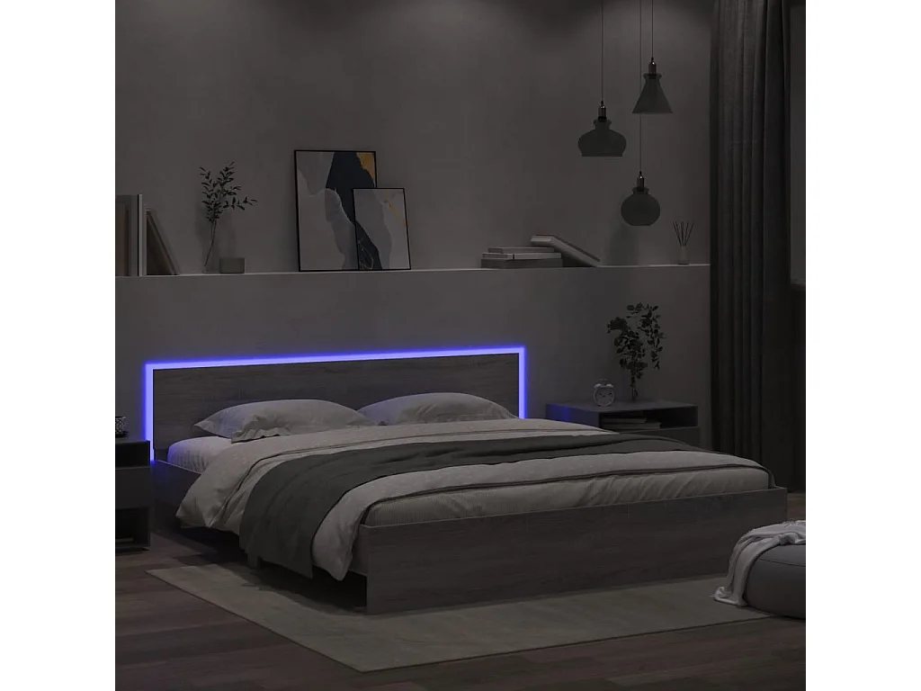 Estrutura cama c/ cabeceira/luzes LED 180x200cm cinzento sonoma