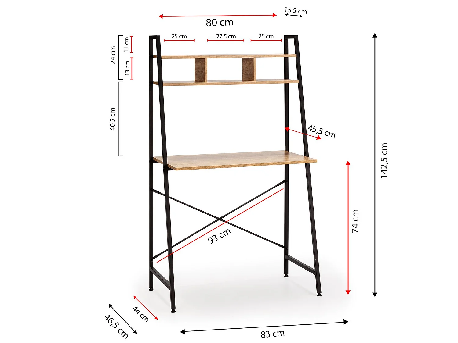 Bureau met 1 plank, wit eiken/zwart, 83 cm.