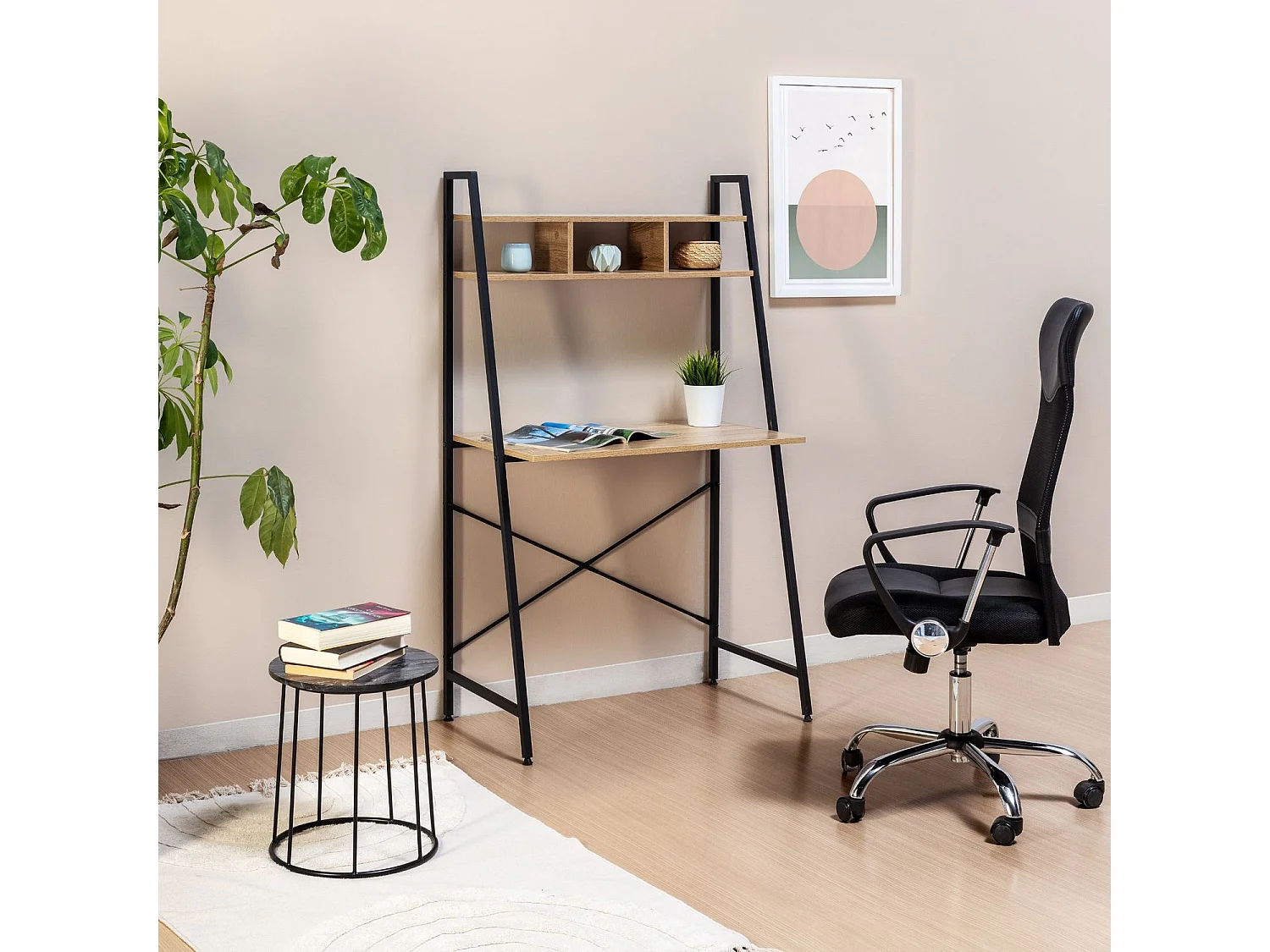 Bureau met 1 plank, wit eiken/zwart, 83 cm.