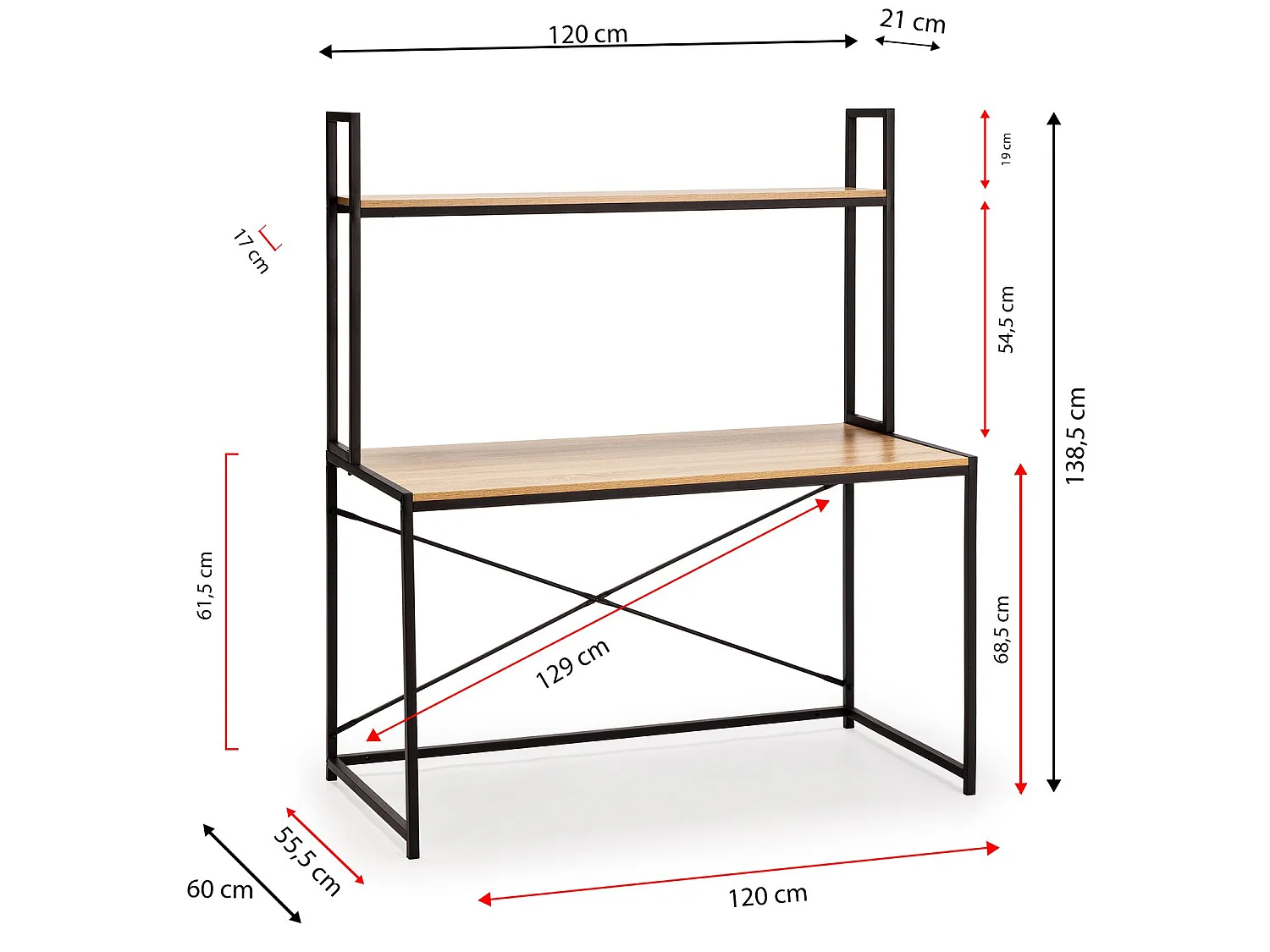 Computerbureau Carmen 1 plank, kleur eiken/zwart, 120 cm