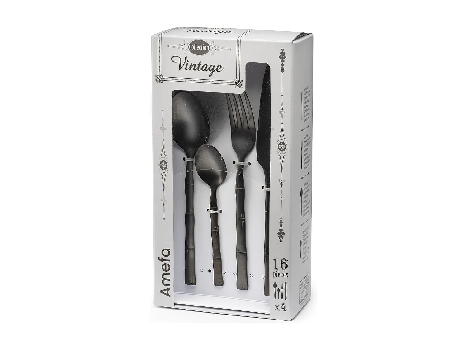 Juego de cubiertos de 16 piezas Karma Negro mate - Decoración vegetal de bambú - Acero inoxidable - Caja de regalo