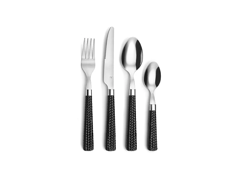 Juego de cubiertos de paja negra de 24 piezas con mangos trenzados de polipropileno negro