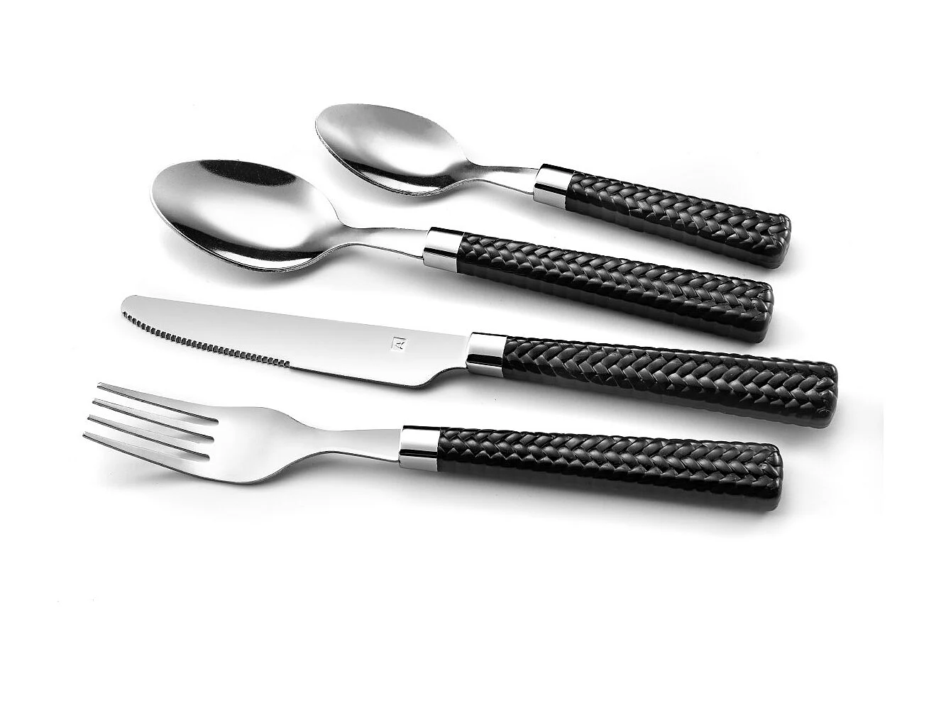 Juego de cubiertos de paja negra de 24 piezas con mangos trenzados de polipropileno negro