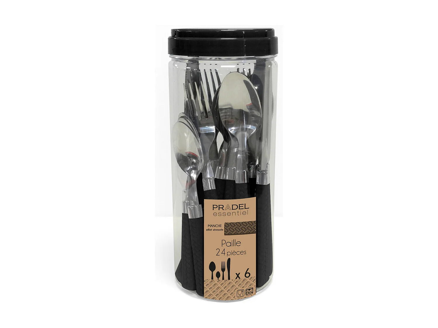 Juego de cubiertos de paja negra de 24 piezas con mangos trenzados de polipropileno negro