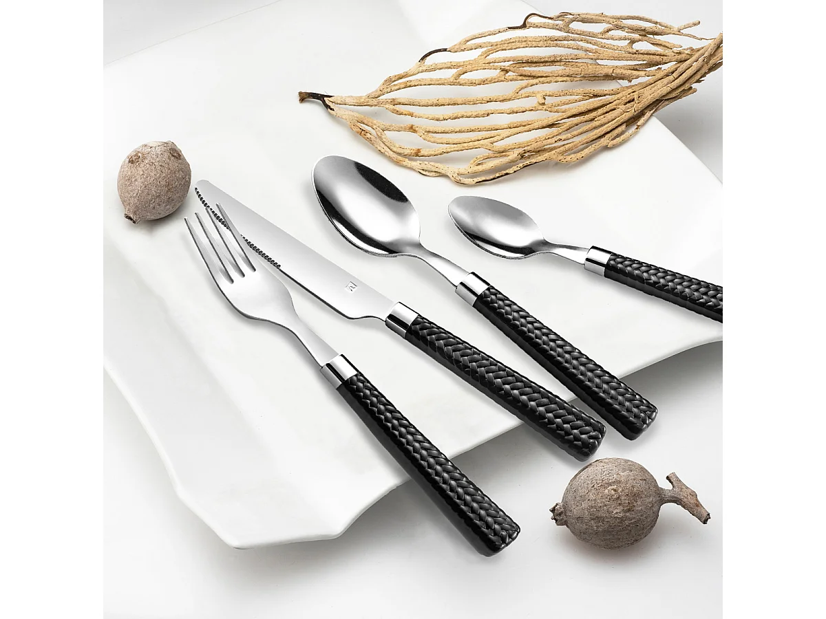 Juego de cubiertos de paja negra de 24 piezas con mangos trenzados de polipropileno negro