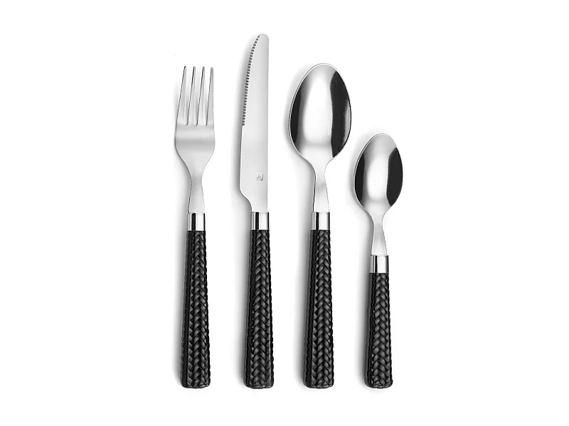 Juego de cubiertos de paja negra de 24 piezas con mangos trenzados de polipropileno negro