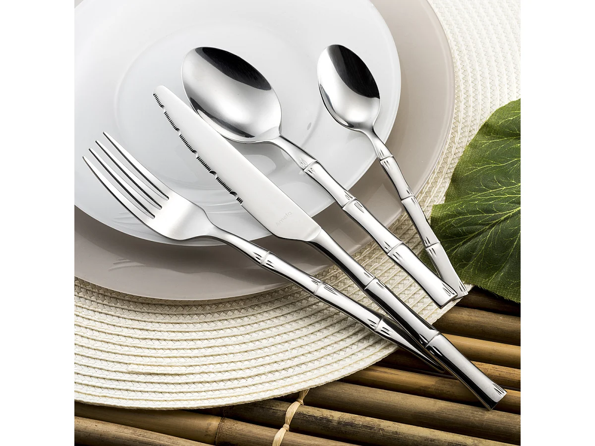 Cubertería de 24 piezas Karma de acero inoxidable con decoración vegetal en tallos de bambú