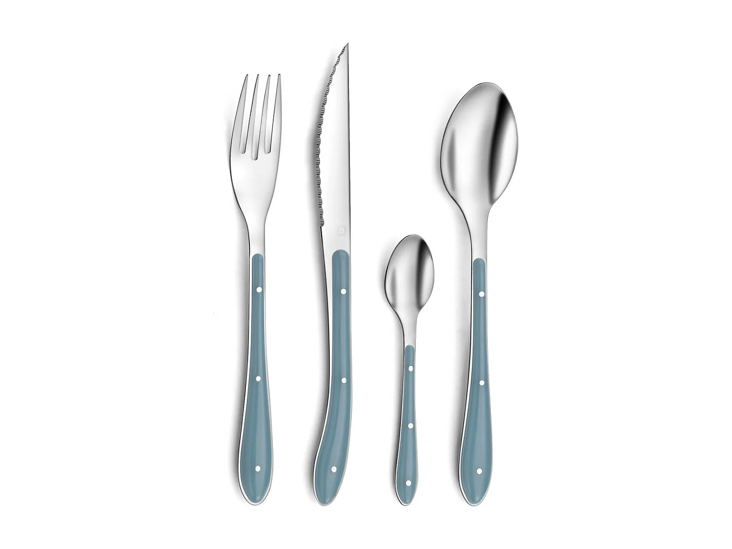 Besteckset 24-teilig Bistro 1-2-3 in blauem Denim mit farbigen Griffen aus Polypropylen und Nieten aus Edelstahl