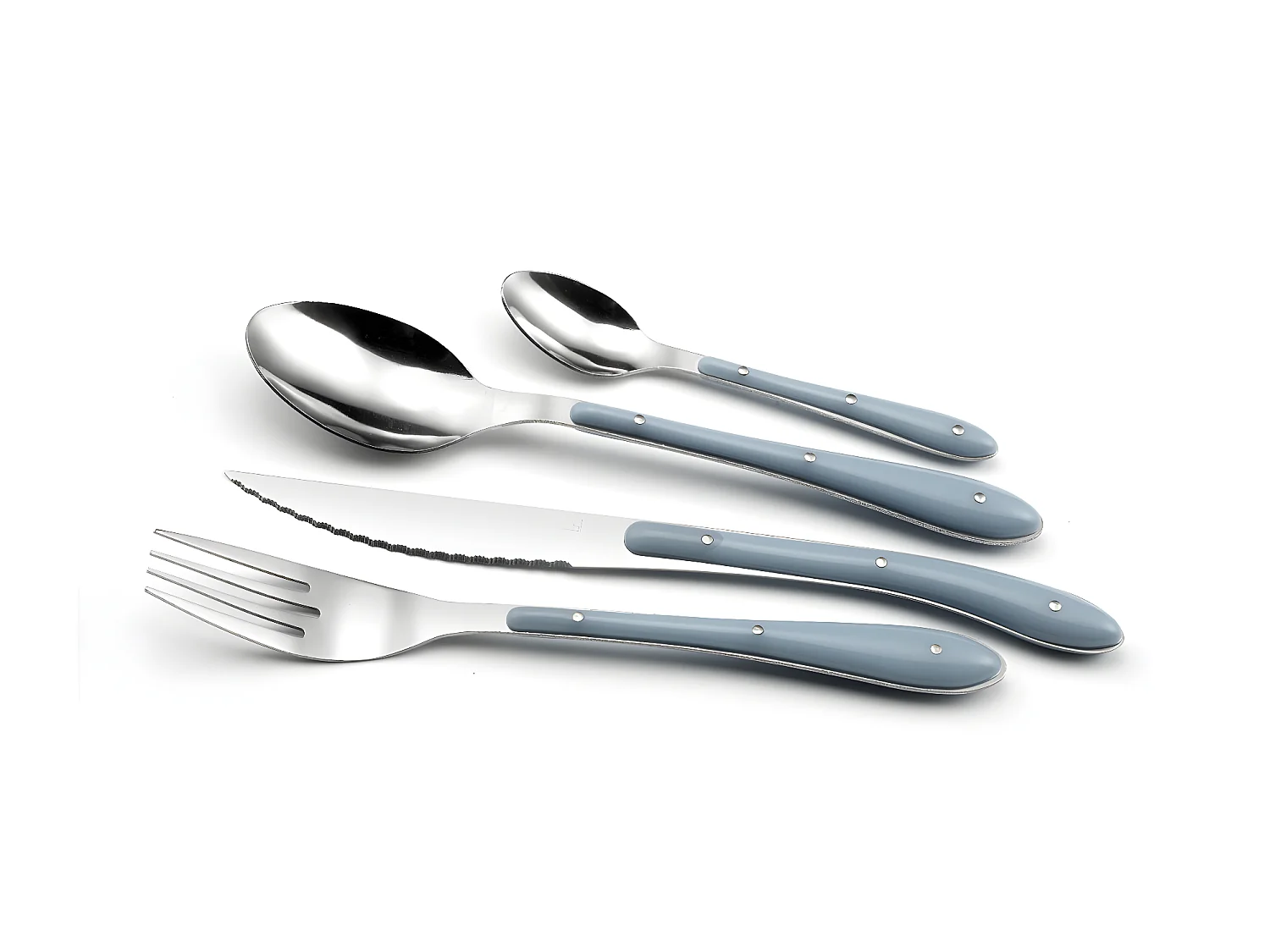 Besteckset 24-teilig Bistro 1-2-3 in blauem Denim mit farbigen Griffen aus Polypropylen und Nieten aus Edelstahl