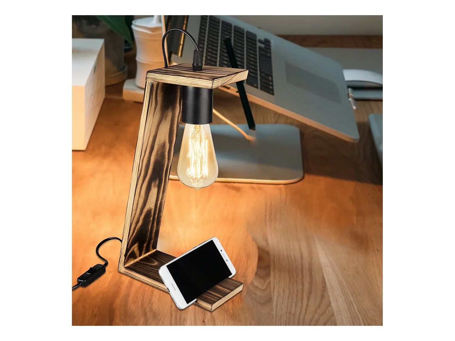 Lampe de bureau Gillingham en bois massif 39 cm E27 noir / naturel [lux.pro]