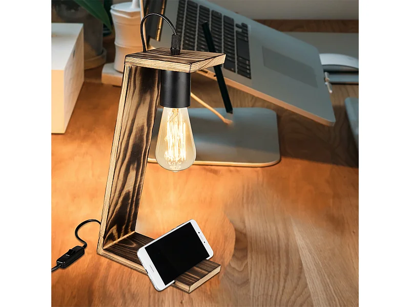 Lampe de bureau Gillingham en bois massif 39 cm E27 noir / naturel [lux.pro]