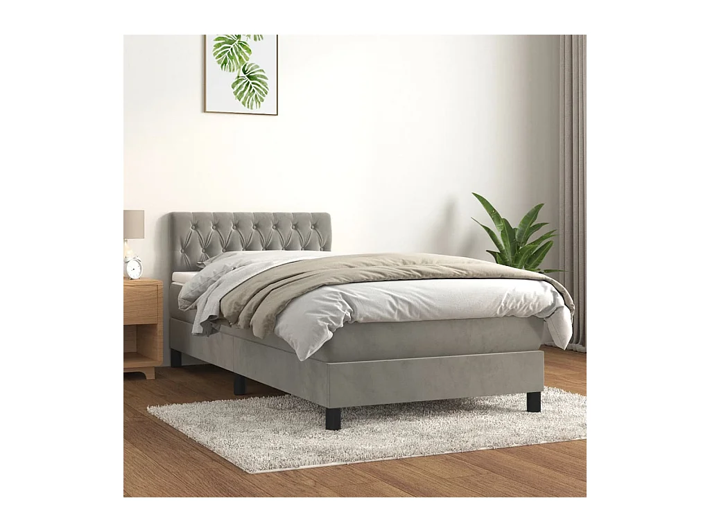 Lit à sommier tapissier et matelas Gris clair 100x200cm Velours