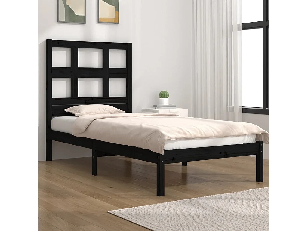 Cadre de lit Noir Bois massif 75x190 cm Petit simple