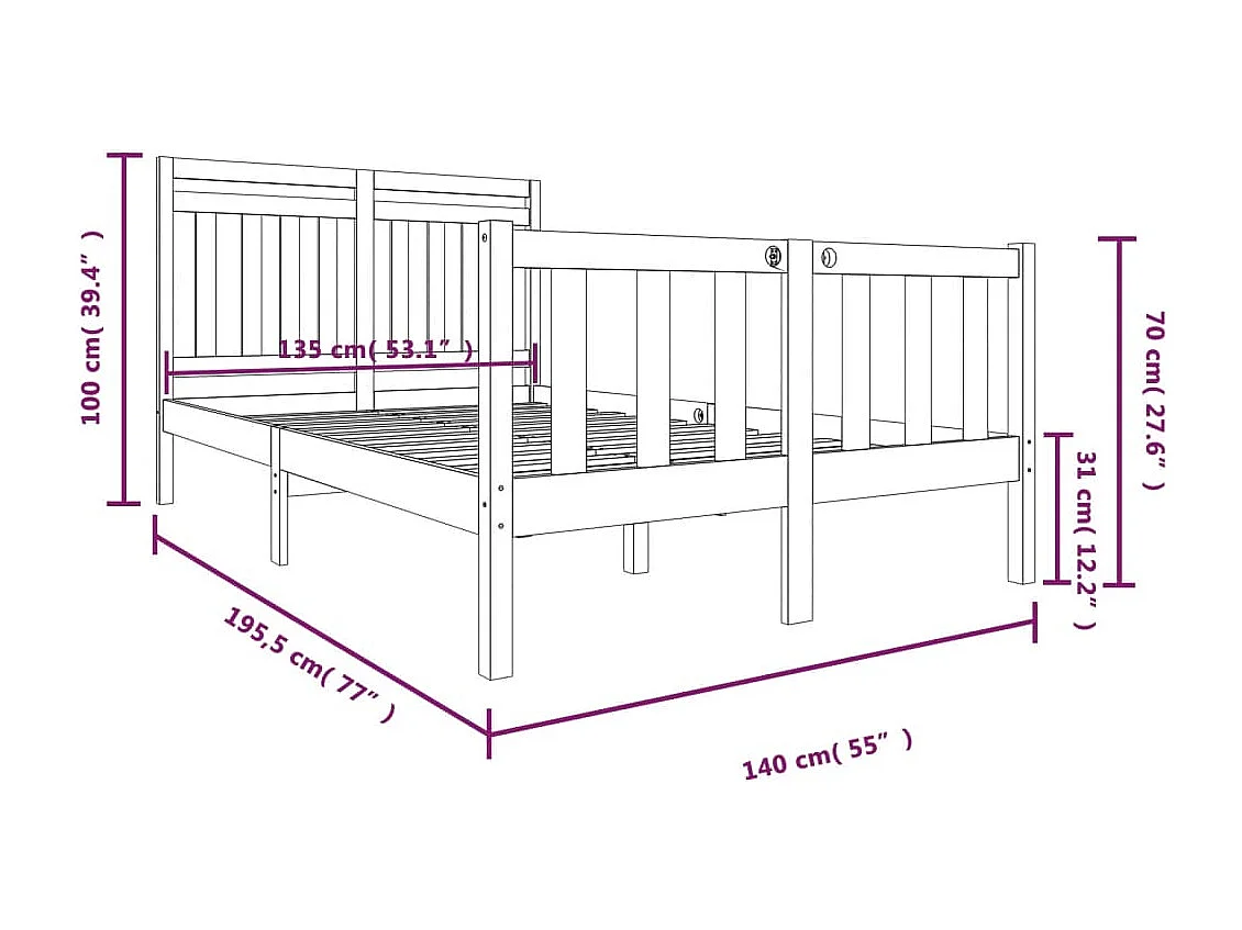 Estrutura de cama dupla 135x190 cm madeira maciça branco