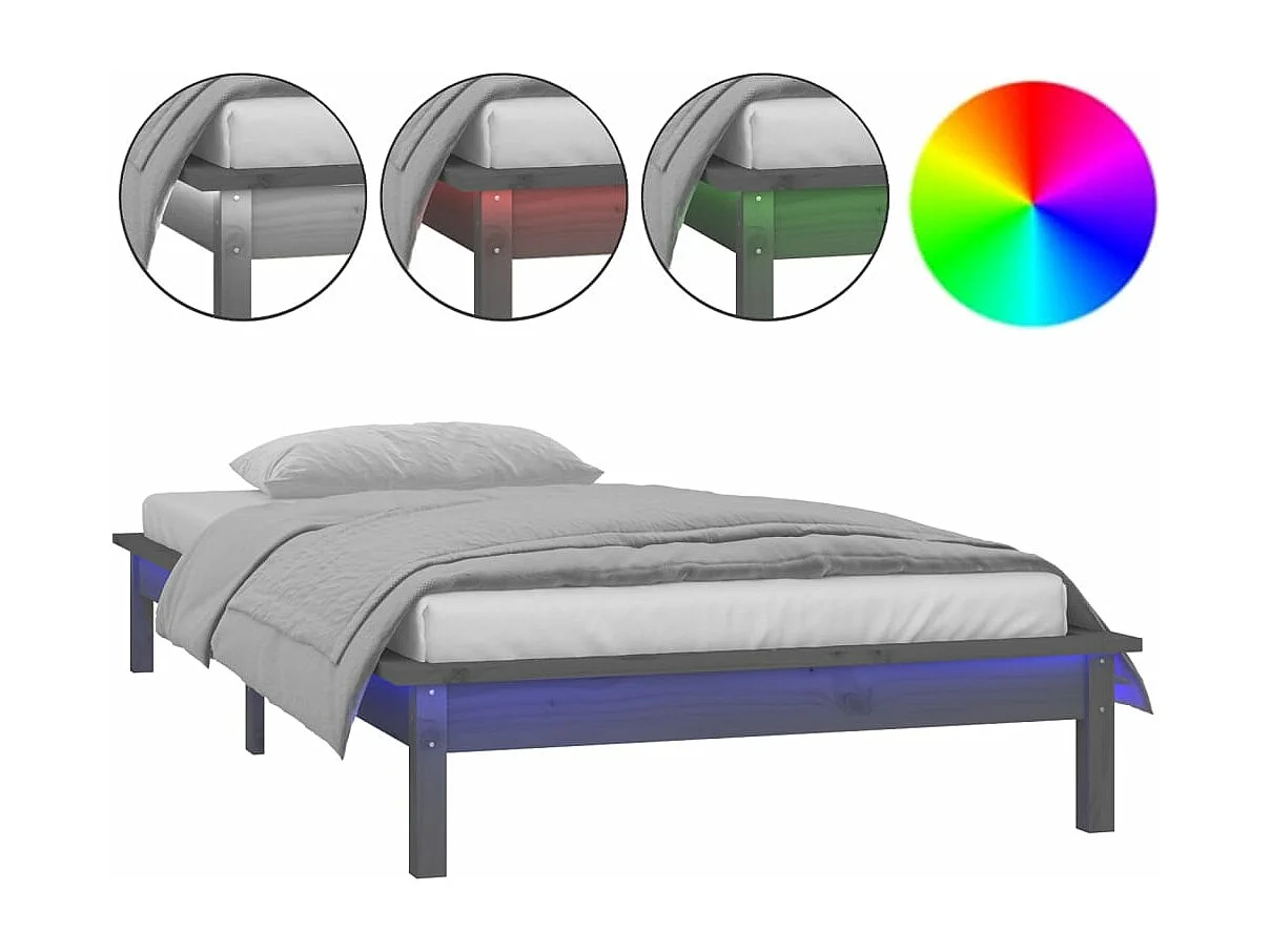 Estructura de cama con LED madera maciza gris 75x190 cm
