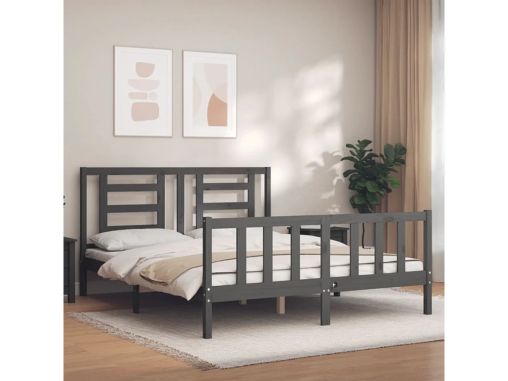 Cadre de lit avec tête de lit gris King Size bois massif