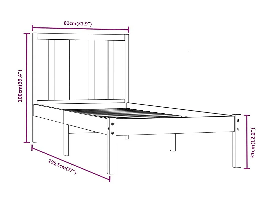 Estrutura de cama pequena solteiro 2FT6 75x190 cm pinho maciço
