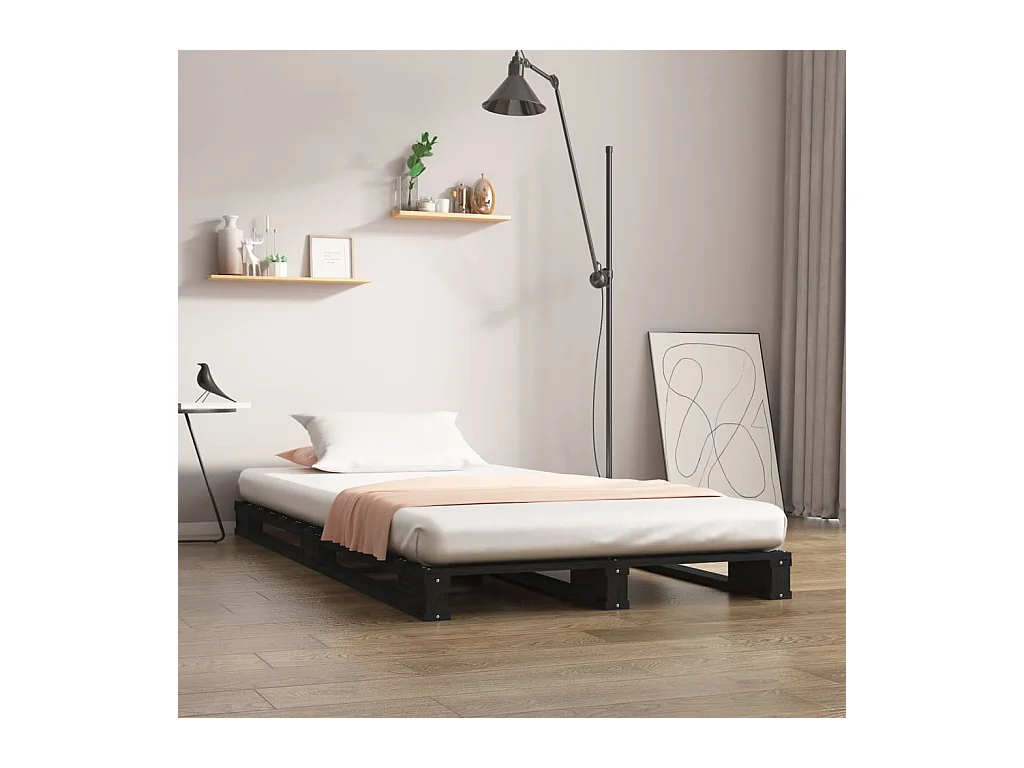 Lit de palette noir 75x190 cm bois pin massif petit simple