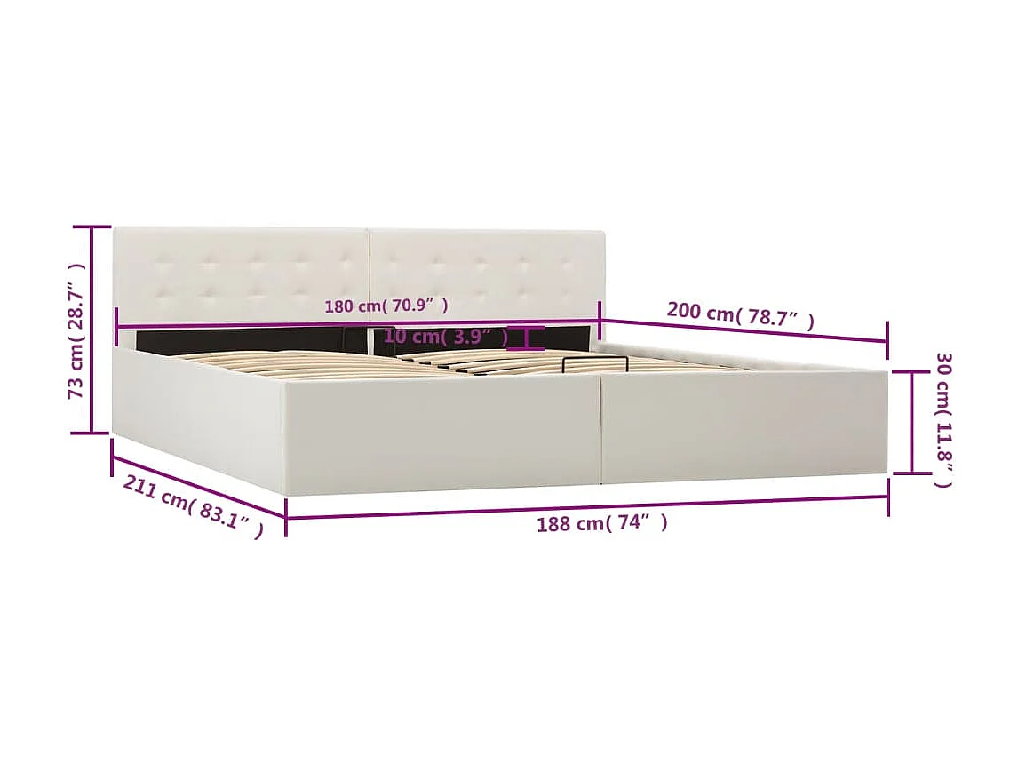 Cadre de lit à rangement hydraulique Blanc Similicuir 180x200cm