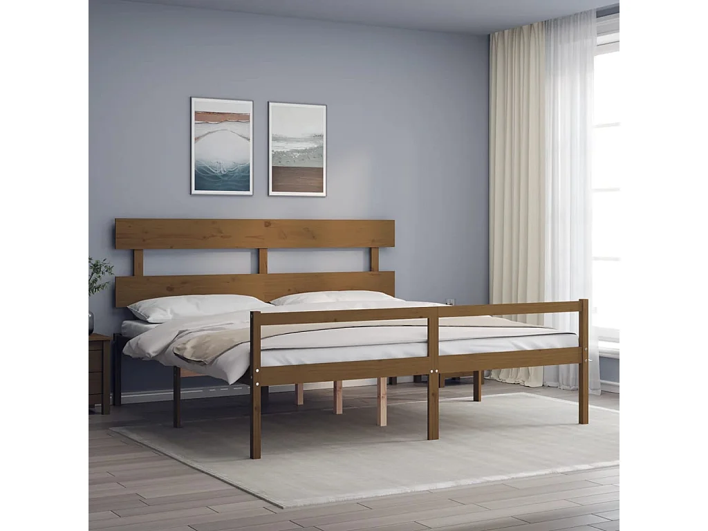 Estrutura cama c/ cabeceira 200x200cm maciço castanho-mel