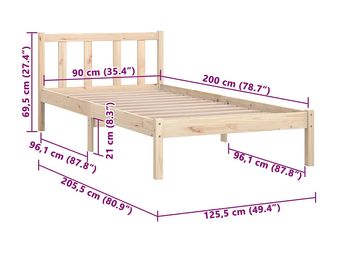 Estrutura de cama 90x200 cm pinho maciço