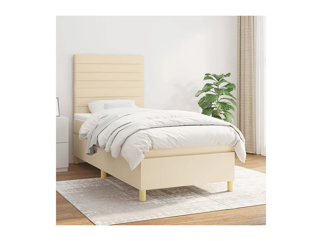 Cama box spring con colchón tela color crema 90x200 cm