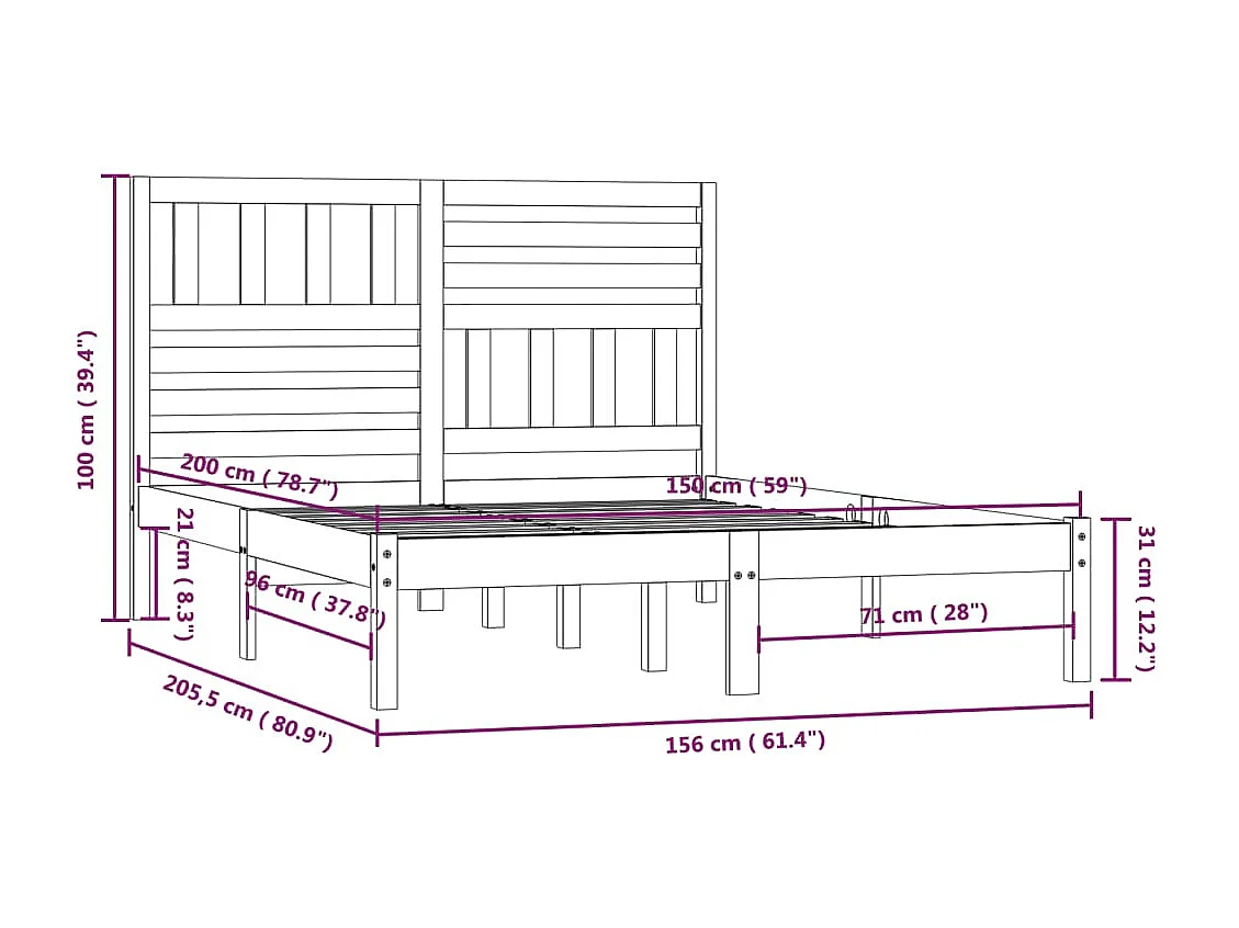 Estructura de cama madera maciza de pino negra 150x200 cm