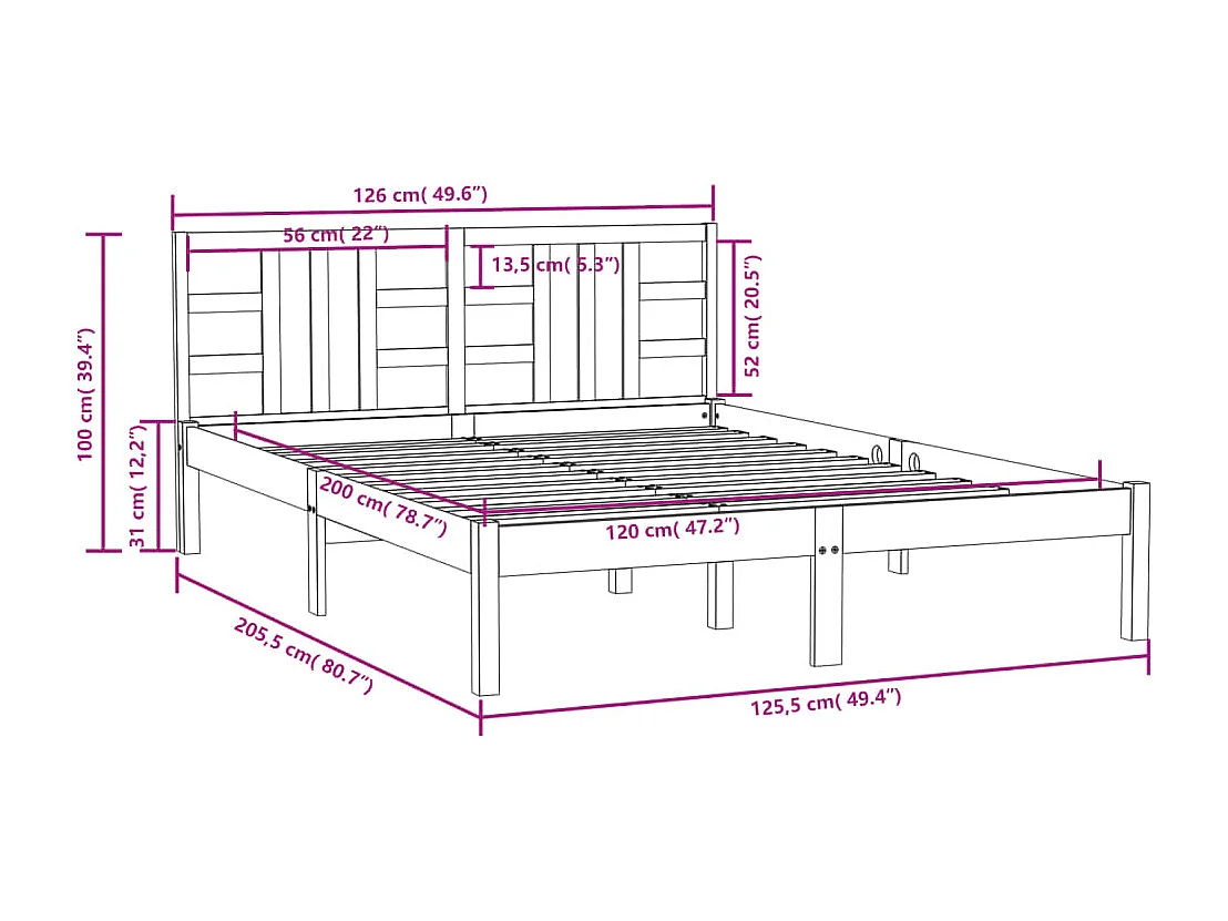 Estrutura de cama 120x200 cm madeira maciça