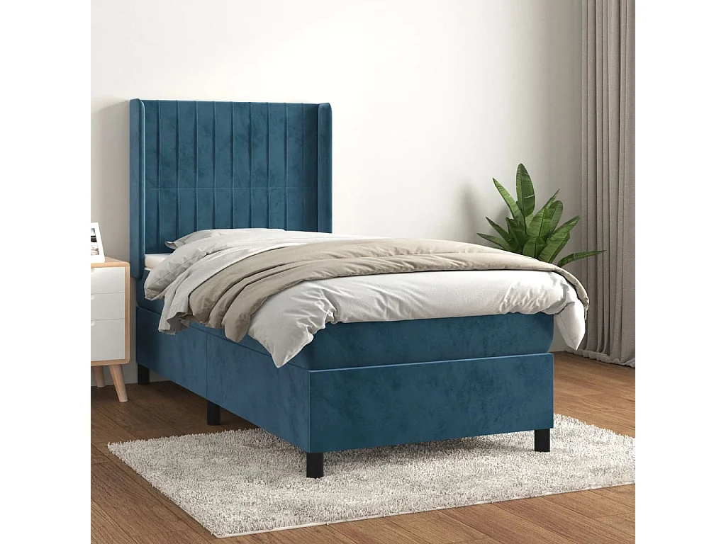 Cama box spring con colchón terciopelo azul oscuro 80x200 cm