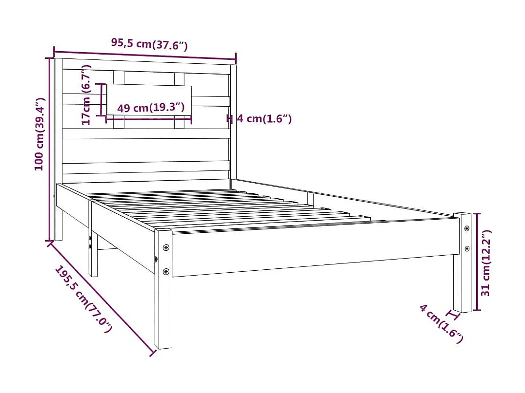 Estructura de cama individual madera maciza blanco 90x190 cm