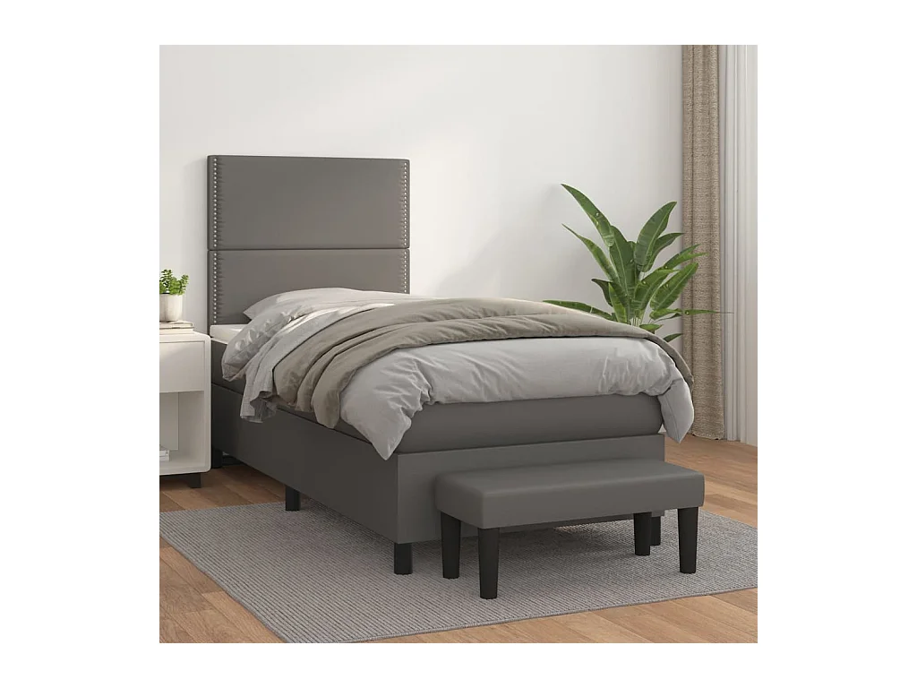 Cama box spring con colchón cuero sintético gris 90x200 cm