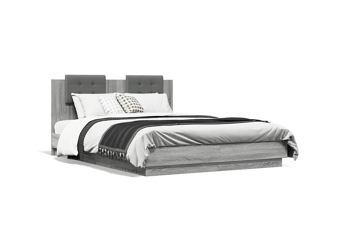 Estrutura de cama c/ cabeceira/luzes LED 150x200cm cinza sonoma