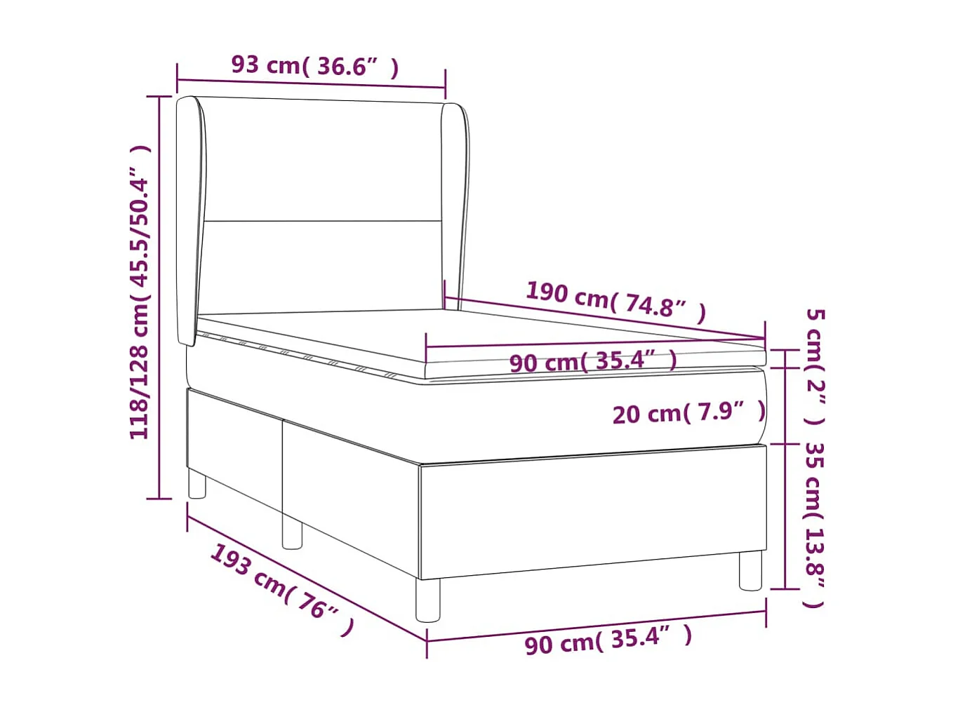 Cama box spring con colchón tela color crema 90x190 cm